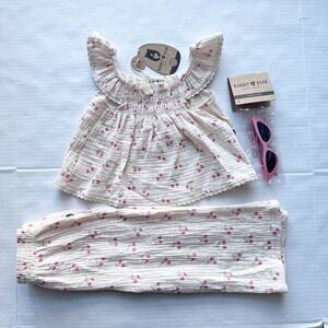 Rabbit + Bear Cream Pink Floral Wide Pants, Top & Sunglasses NWT size 3T